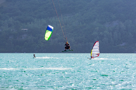 view on the kiteboarder on the lakeの写真素材