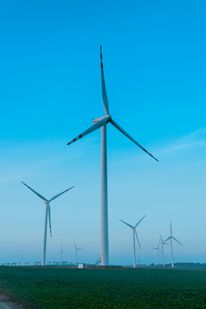 Beautiful sunset above the windmills on the fieldの写真素材