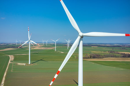 Aerial view on the windmills on the field
