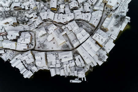Aerial view on historical city Hallstatt in winter seasonの写真素材