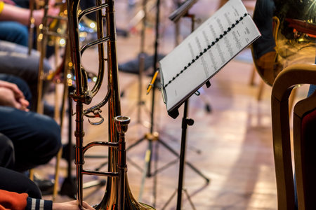 Close view on the classic instrument tromboneの写真素材