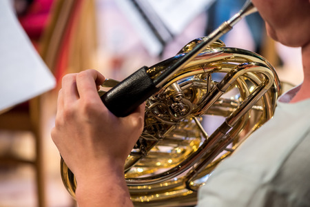 Close view on the classic instrument tromboneの写真素材