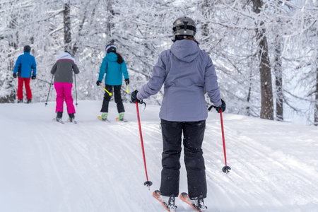 Large view on the skiers in Alps mountainsの写真素材