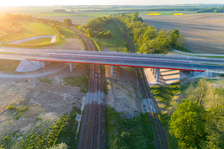 Aerial view on the route between the fieldsの写真素材
