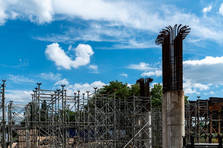Large view on the construction site of the new modern bridge
