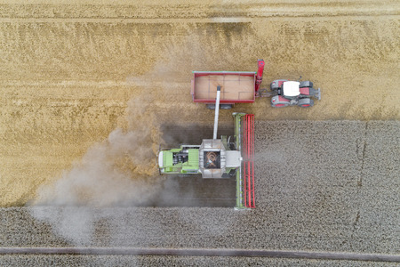 Aerial view on the harvester working on the field and filling the truckの写真素材