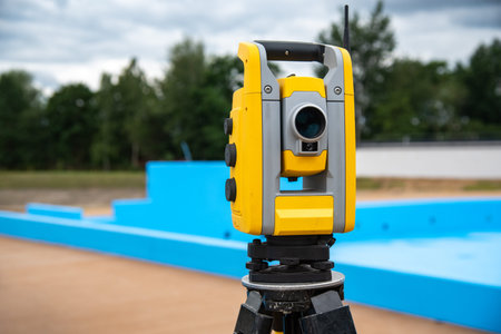 Close view on the theodolite on the construction site