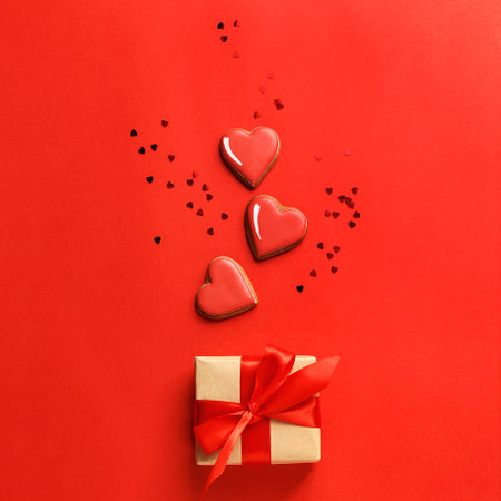 Gift box with heart shaped cookies and confettiの写真素材