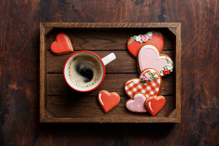 Cup of coffee with heart shaped cookiesの写真素材