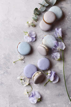 Set of various multicolored pastel macarons with flowers on gray concrete background. Overhead view, flat lay, copy spaceの写真素材