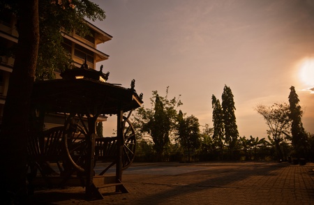 wooden pavilion ancient building at sunset scene in Thailandの写真素材