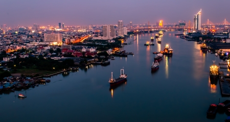 View across Bangkok city at twilight nearly riverの写真素材