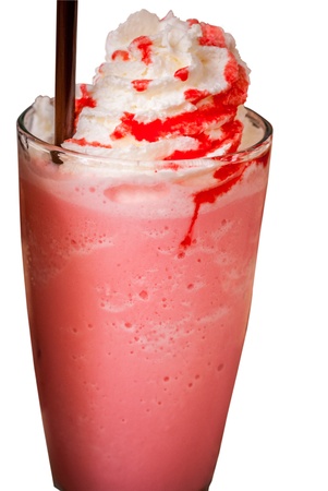 isolated sweet strawberry milkshake and frappe - iced and milk blended with whiping creamsの写真素材