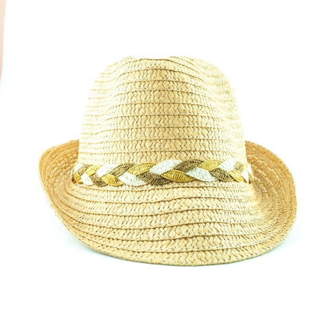 Modern wicker straw hat isolated on white backgroundの写真素材