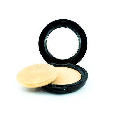 Make-up powder in box and make up brush isolated on white - Make-up powder in box isolated - Powder-case with mirror - Makeup powder with puffの写真素材