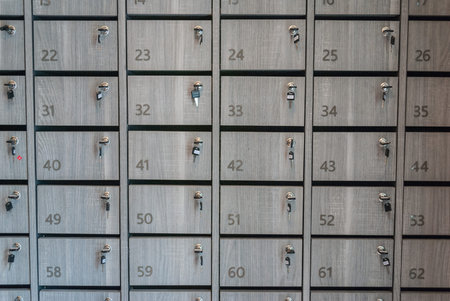 Metal lockers cabinets in a locker room with key