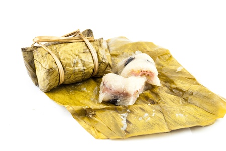 Thai dessert sticky rice with banana isolated on white backgroundの写真素材