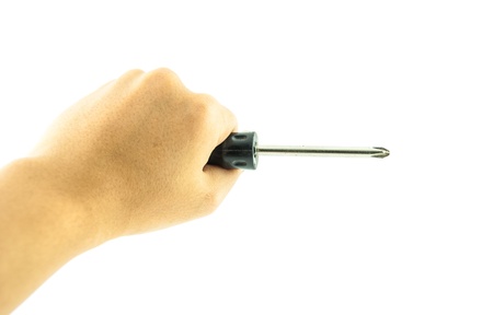 Hand holding black used screwdriver isolated on white backgroundの写真素材