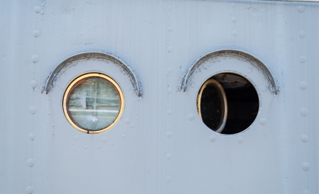 Close and open Steel porthole of shipの写真素材