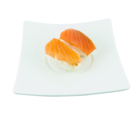 Japanese traditional cuisine salmon sushi on the plateの写真素材