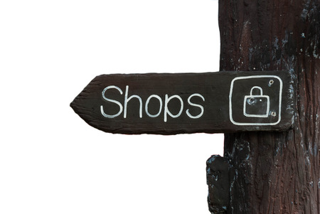 wooden signage indicating shopping area sign directionの写真素材