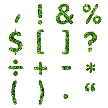 A lot of symbols made from green grass isolated on whiteの写真素材