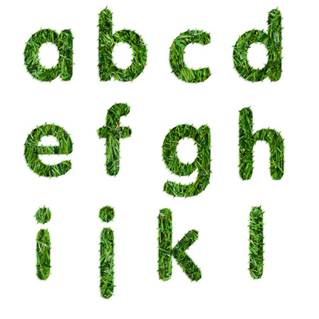 Letters a,b,c,d,e,f,g,h,i,j ,k,l made of green grass isolated on whiteの写真素材