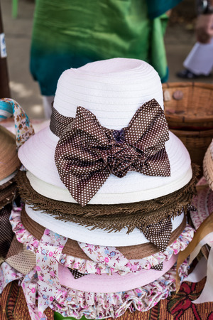 straw weave hats with ribbonの写真素材