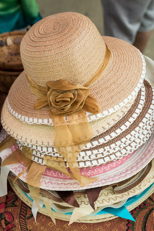 straw weave hats with ribbonの写真素材