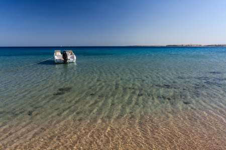 Motor boat near the shoreの写真素材