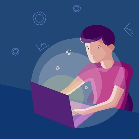 The person sitting at a table with the laptop. Flat style color modern vector illustration. Eps 10.のイラスト素材