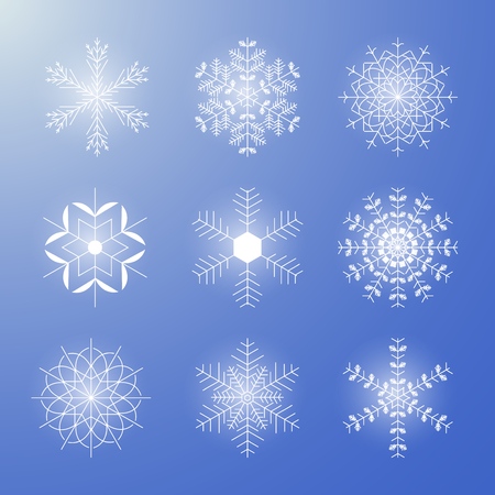 Set of different shining snowflakes icon on a blue background. Vector illustration.のイラスト素材