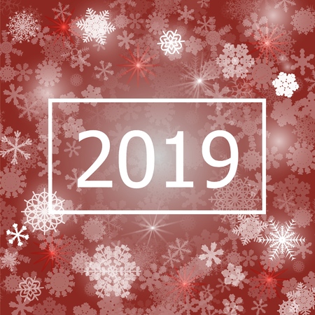 Abstract red background. A lot of different shining snowflakes. Greeting card 2019. Vector illustration. Eps 10.のイラスト素材