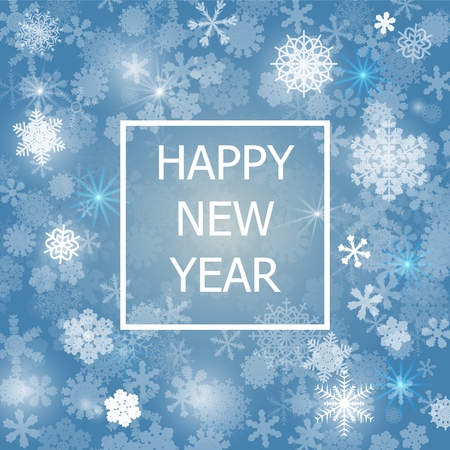 Abstract blue background. A lot of different shining snowflakes. Greeting card Happy New Year. Vector illustration. Eps 10.のイラスト素材
