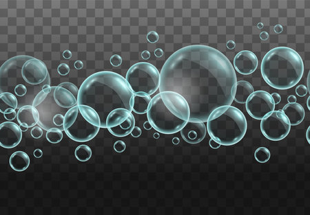 Vector realistic dark background with transparent soap water bubbles, balls or spheres. 3D...