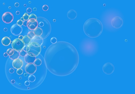 Vector realistic blue background with colorfull transparent soap water bubbles, balls or spheres. 3D illustration.のイラスト素材
