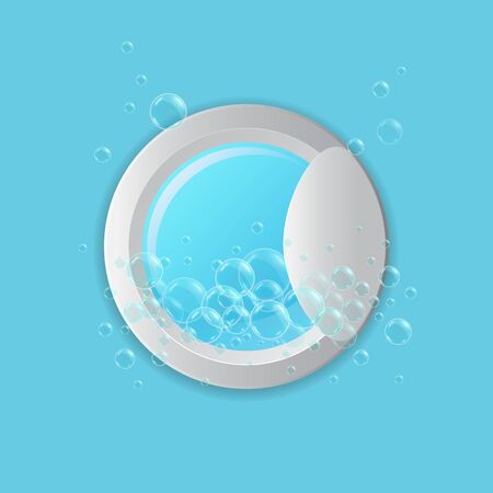 Vector realistic washing-machine door with soup bubbles on blue background. Laundry template. 3D illustration.のイラスト素材