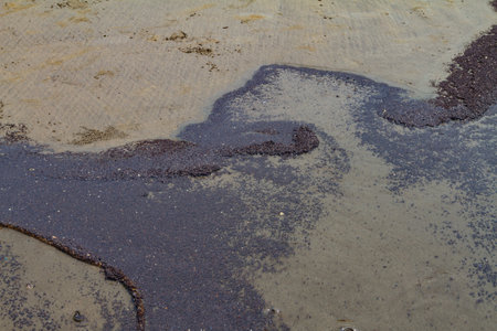 Petroleum products polluted ocean shore in India, Goa. Close up. Ecological disaster concept.