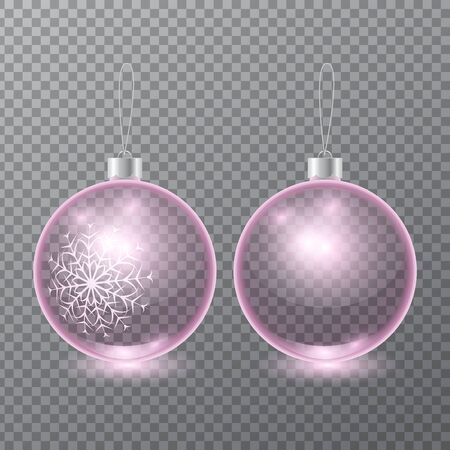 set of vector transparent pink glass christmas tree balls with painted snowflake isolated on checkered background. 3D illustration.のイラスト素材