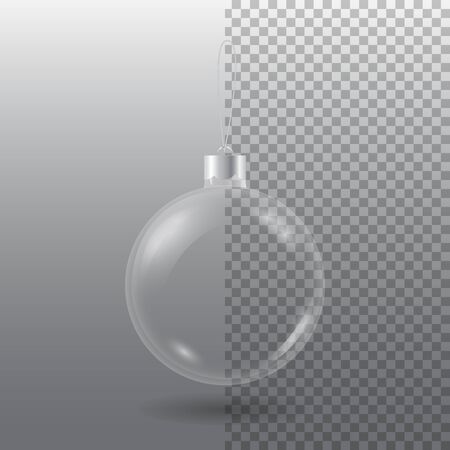 Vector transparent glass christmas tree ball with eyelet isolated on checkered grey background. 3D illustration.のイラスト素材