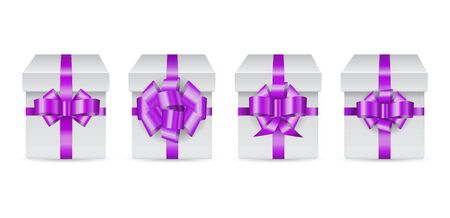 Vector set of holiday box with violet bow for greeting event isolated on white background. Realistic illustration. Front view.のイラスト素材