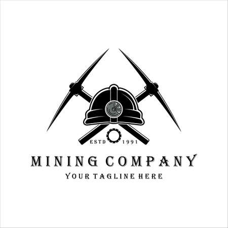 pickax or pickaxe mining vector vintage illustration design . mining helmet equipment for professional miner concept design. tools and equipment for mining vector vintage designのイラスト素材