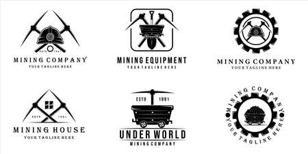 set of mining vector vintage illustration template design . mining cart helmet shovel trowel pickax or pickaxe tools bundle collection mining concept illustration designのイラスト素材