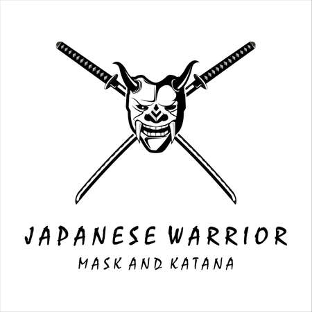 katana and mask samurai logo vector vintage template illustration design . japanese armour mask and katana sword for samurai logo concept template emblem illustration designのイラスト素材