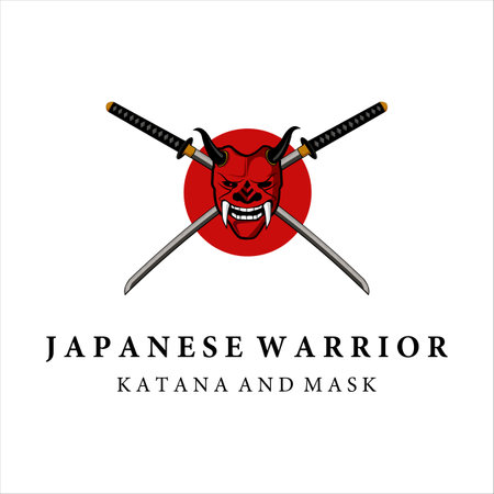 katana and mask samurai logo vector vintage template illustration design . japanese armour mask and katana sword for samurai logo concept template emblem illustration designのイラスト素材