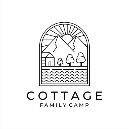 cottage or cabin line art minimalist simple vector logo illustration design. badge cottage at mountain in the river and lake line art logo concept minimalist simple icon illustration vector designのイラスト素材
