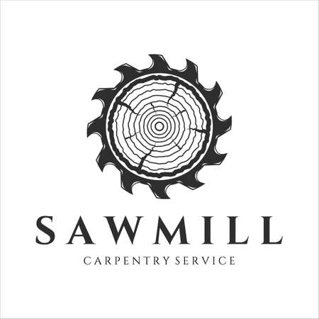 sawmill logo vintage vector illustration icon template design. carpentry tool and equipment logo for professional carpenter company logo concept emblem designのイラスト素材
