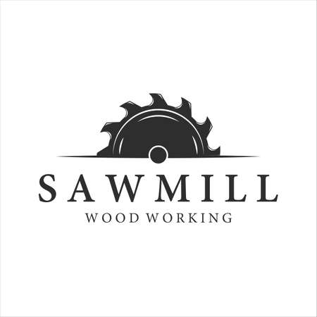sawmill logo vintage vector illustration icon template design. carpentry tool and equipment logo for professional carpenter company logo concept emblem designのイラスト素材
