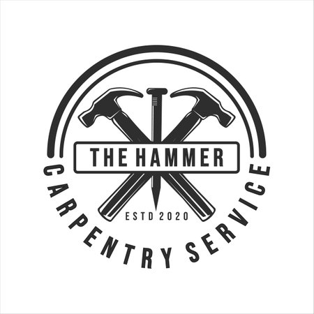 carpentry logo vintage vector illustration template icon design. hammer and steel nails logo for professional carpenter company concept emblem designのイラスト素材