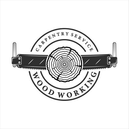 wood saw  vintage vector illustration template icon design. carpentry equipment for professional carpenter worker with typography style retro  concept industryのイラスト素材